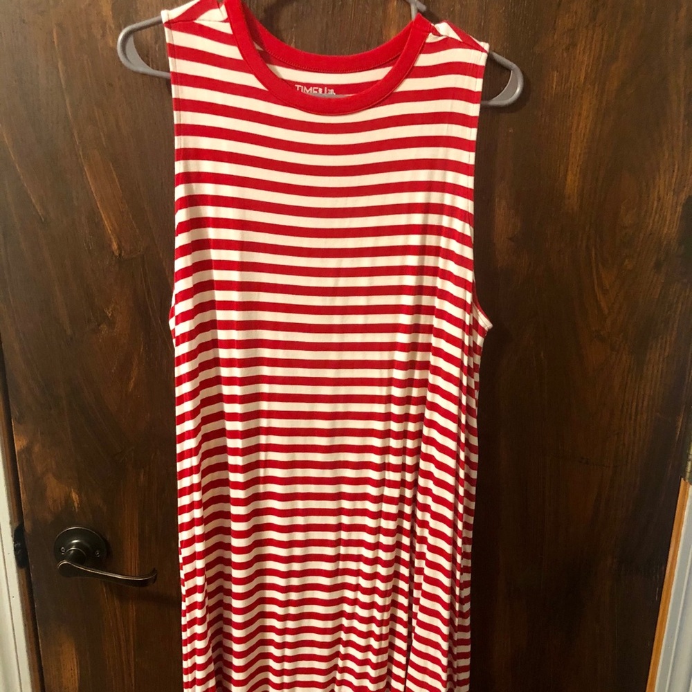 sleeveless red and white striped dress